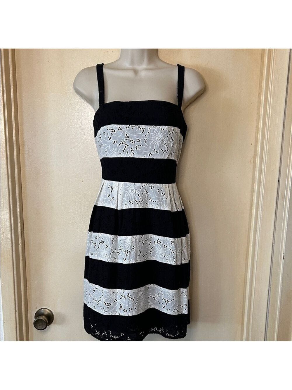 LOFT Black and White Striped Eyelet Lace Mini Dress size 4P